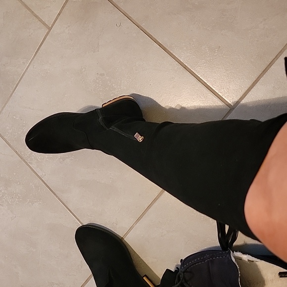 Knee-length boots with gold heel accent, side zipper, and adjustable back laces. - Picture 11 of 14